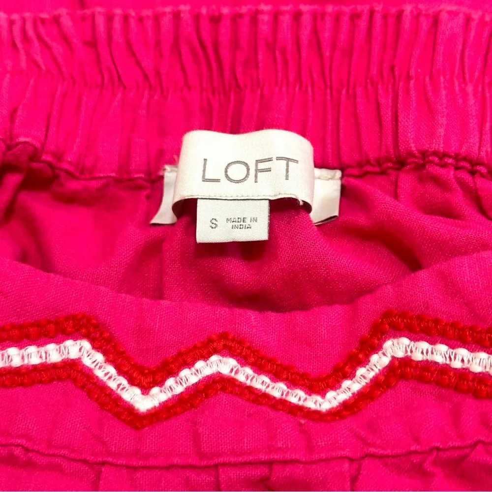 Loft Embroidered Linen blend Boho tiered bright Pink Midi Dress, size small